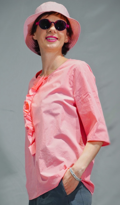APUNTOB Blusa manica corta con rouches centrale in cotone rosa
